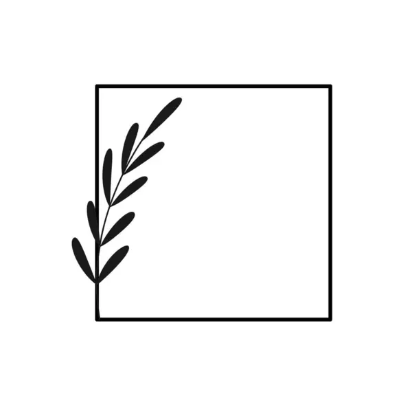 简单的几何花框 有开花植物分枝的有机图标或正方形薄边 婚礼邀请函的设计元素 在白色背景上孤立的卡通线形矢量图解 — 图库矢量图片