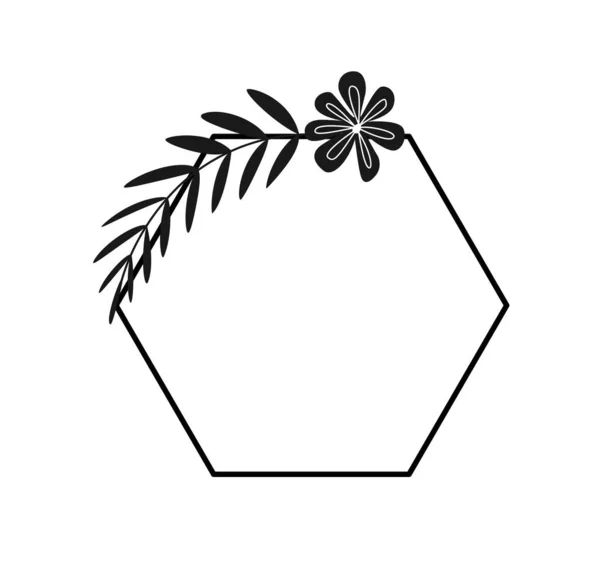 Basit Geometrik Çiçek Çerçevesi Yabani Çiçek Yaprak Filizi Olan Altıgen — Stok Vektör