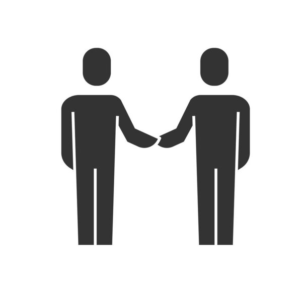 Черный значок заботливых. Молодые парни пожимают друг другу руки, метафора успешных переговоров. Сотрудничество и сотрудничество, командная работа. Бизнес-партнеры. Мультфильм с плоским вектором