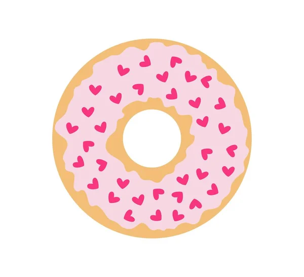Donut Con Salpicaduras Harina Productos Dulces Esmalte Rosa Con Corazones — Vector de stock
