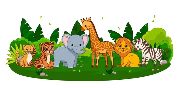Jungle Avec Bannière Animaux Tigre Guépard Girafe Éléphant Lion Zèbre — Image vectorielle