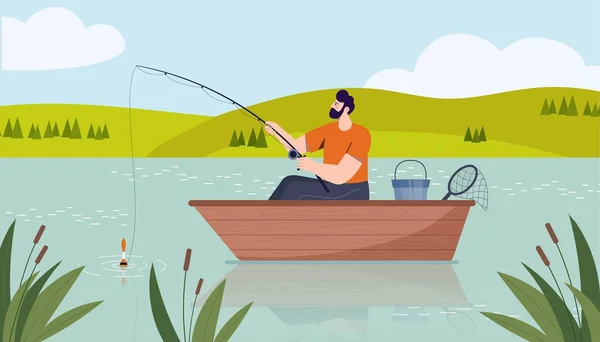 Рыбалка Лодки Человек Удочкой Сидит Озере Активный Образ Жизни Отдых — стоковый вектор