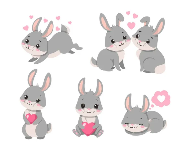 恋爱中的兔子 为网站收集图形元素 柔情和关心 情人节和结婚纪念日 在白色背景上孤立的卡通平面矢量插图 — 图库矢量图片