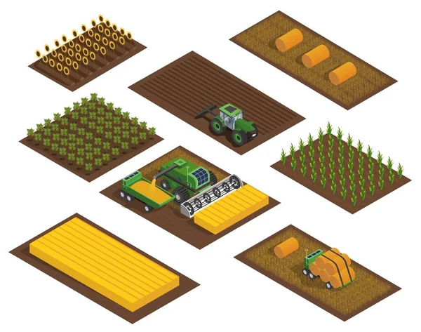 现场等距工作台的工作 为网站收集图形元素 乡村和乡村 技术收获小麦和蔬菜 在白色背景上孤立的卡通3D矢量插图 — 图库矢量图片