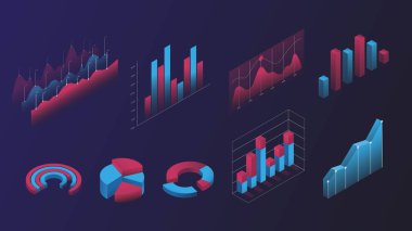 Bir dizi bilgi grafiği. Grafik ve diyagram koleksiyonu. Verilerin görselleştirilmesi ve istatistiklerle çalışma. Bilgi analizleri. Mavi arkaplanda izole edilmiş çizgi film düz vektör çizimleri