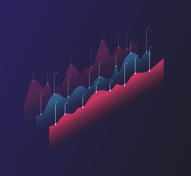 Kırmızı ve mavi çizelgeler. Bilgi analizi, gelir ve giderlerin değerlendirilmesi. Pazarlama araştırması ve finansal okuryazarlık. Ticaret ve ekonomi. Karikatür izometrik vektör çizimi