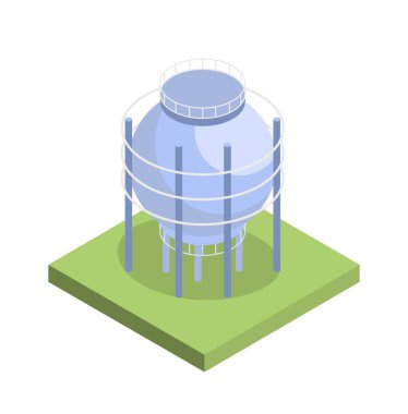 Gri tank konsepti. Su, petrol, benzin ya da benzin için büyük bir konteynır. Enerji ve elektrik üretimi için dizel. Alüminyum depolama ya da soğutma sistemi. Karikatür izometrik vektör çizimi