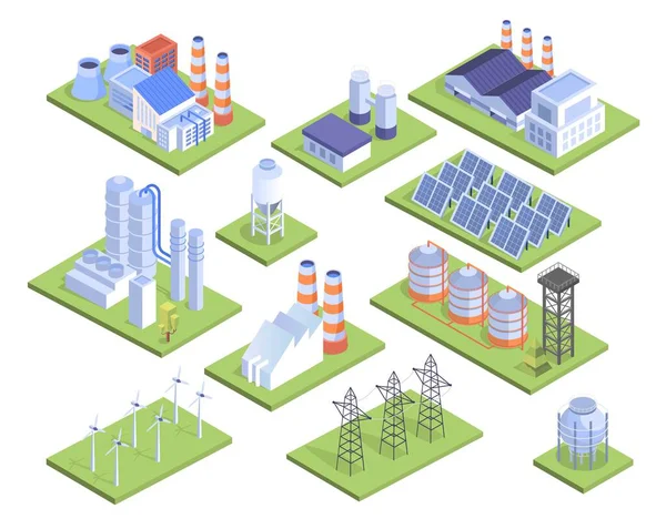 Centrales Eléctricas Listas Energía Alternativa Combustible Recogida Estaciones Producción Electricidad — Vector de stock