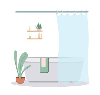 Perde konseptiyle banyo. Banyoda rahatlık ve konfor, iç mekan. Mumlu raf, yeşil halı. Web sitesi için grafik ögesi. Çizgi film düz vektör çizimi
