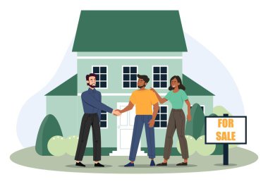 İnsanlar ev alıyor. Erkekler el sıkışır, müşterilerle tartışır gayrimenkul satmak için anlaşma yapar. Kiralık ev, özel mülk. Finansal okuryazarlık ve yatırım. Çizgi film düz vektör çizimi