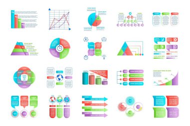 Bir dizi bilgi. Web sitesi için grafik elementlerin toplanması. Grafikler, çizelgeler ve şemalar. İstatistikler ve bilgilerle çalışıyor. Beyaz arkaplanda izole edilmiş çizgi film düz vektör çizimleri