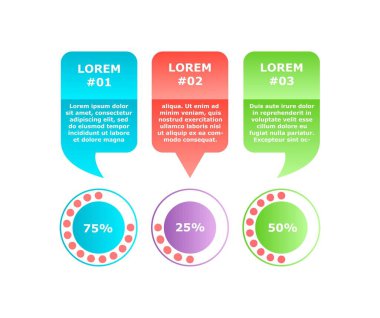 Bilgi düğmeleri konsepti. Metin için yer, sunum ve iniş sayfası için veri görselleştirme. Şablon, yerleşim ve modelleme. Yüzdelerle birlikte yuvarlak ilerleme çubuğu. Çizgi film düz vektör çizimi