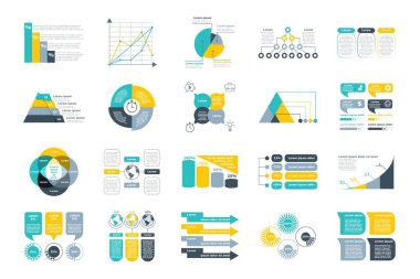 Bir dizi bilgi grafiği. Grafik, grafik ve diyagram koleksiyonu. Bilgi analizi ve pazarlama araştırması için veri görselleştirme. Beyaz arkaplanda izole edilmiş çizgi film düz vektör çizimleri