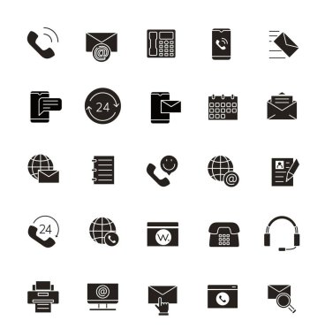 Siyah simgeler ayarlandı. Web sitesi için grafik elementlerin toplanması. Çağrı merkezi ve yardım hattı. Kulaklık, bilgisayar ve akıllı telefon. Beyaz arkaplanda izole edilmiş çizgi film düz vektör çizimleri