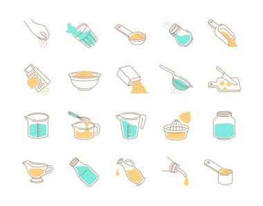 Yemek pişirme ölçek simgeleri ayarlandı. Web sitesi için grafik elementlerin toplanması. Su ve sıvılar için mutfak gereçleri ve kaplar. Beyaz arkaplanda izole edilmiş çizgi film düz vektör çizimleri