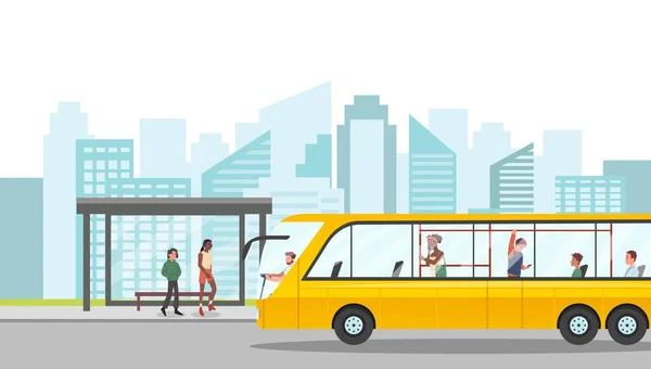 Otobüs Durağındaki Insanlar Erkekler Kadınlar Toplu Taşımayı Bekliyor Sarı Araba — Stok Vektör