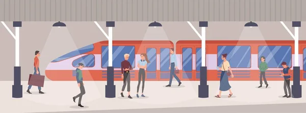 Nsanlarla Yer Altında Erkekler Kadınlar Tren Şehir Toplu Taşımacılığı Altyapı — Stok Vektör