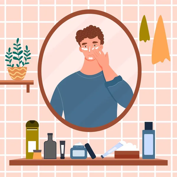 Men Skincare Routine Young Guy Front Mirror Applies Cream His — Stock Vector
