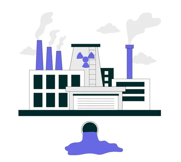 危险废物概念 有涡轮机和水的核电站 环境和大气污染 能源和电力生产 辐射和原子 卡通平面矢量插图 — 图库矢量图片