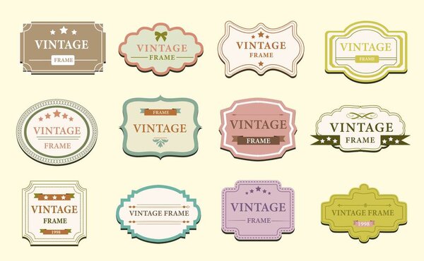 Set of labels. Collection of luxury etiquettes. Vintage frame for food and alcoholic drinks, wine. Classical and antique ornament. Cartoon flat vector illustrations isolated on yellow background
