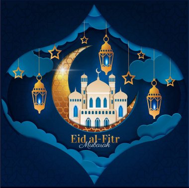 Bayram mübarek posteri. Geleneksel Arap bayramı. Altın lambaları ve doğu binaları olan hilal altın ay, antik mimari. İslam ve din, kültür. Gerçekçi düz vektör çizimi