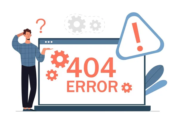 Hata Kavramı 404 Dizüstü Bilgisayarında Uyarı Işareti Olan Bir Adam — Stok Vektör