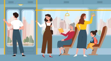 Toplu taşıma içinde. İnsanlar trenle, şehir altyapısıyla seyahat eder. Yolcular ve turistler vagonun içinde. Seyahat ve seyahat. Vatandaşlar okuyor, ayakta duruyor ve konuşuyor. Çizgi film düz vektör çizimi