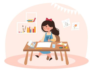 Çocuk çizim konsepti. Kız çocuk odasında oturuyor ve beyaz çarşafa renkli kalemler çiziyor. Yaratıcılık ve sanat, eğitim ve eğitim, ödev. Çizgi film düz vektör çizimi