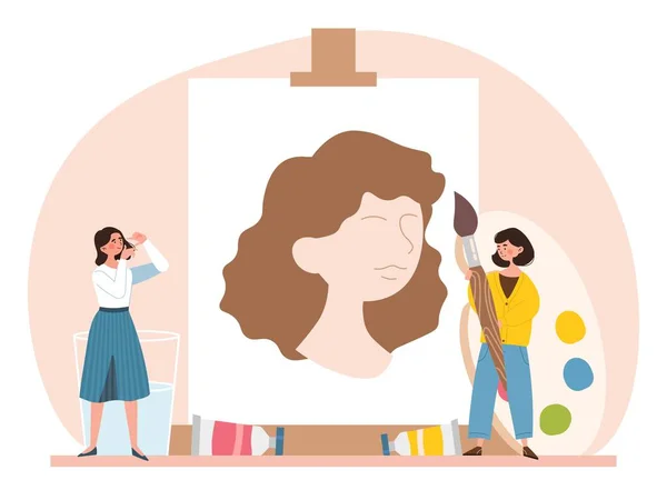 アーティストの概念 肖像画の近くにブラシが立っている女性 クリエイティビティとアート ワークショップ ワークショップのプロフェッショナル キャンバスの絵の近くにいる人たち 漫画フラットベクターイラスト — ストックベクタ
