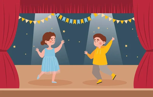 Παιδιά Χορεύουν Στη Σκηνή Αγόρι Κίτρινη Κουκούλα Και Κορίτσι Μπλε — Διανυσματικό Αρχείο