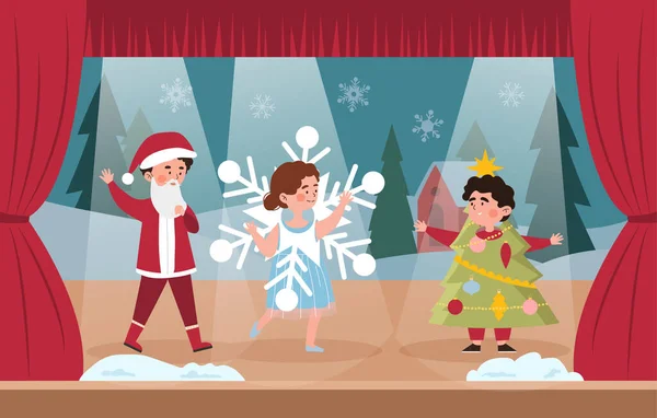 Kinder Kostümen Auf Der Bühne Junge Weihnachtsmann Kostüm Mädchen Schneeflocke — Stockvektor