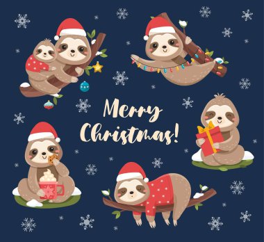 Noel tembelleri seti. Noel Baba şapkalı egzotik hayvan koleksiyonu. Çelenkli, hediye kutulu ve kurabiyeli bir kupa. Karlı arkaplanda izole edilmiş çizgi film düz vektör çizimleri