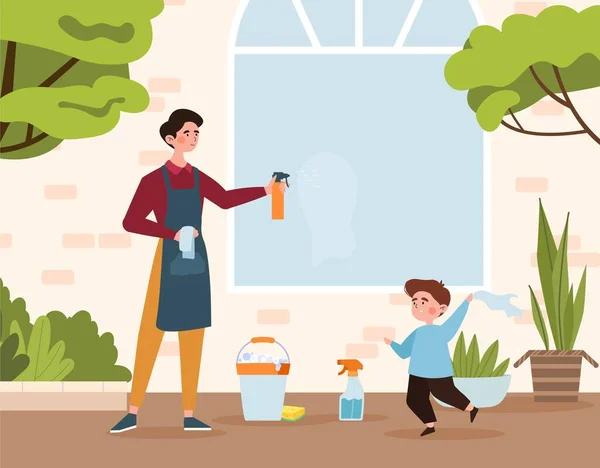 Familienwaschfenster Mutter Mit Sohn Tragen Reinigungsmittel Auf Glas Haus Außen — Stockvektor