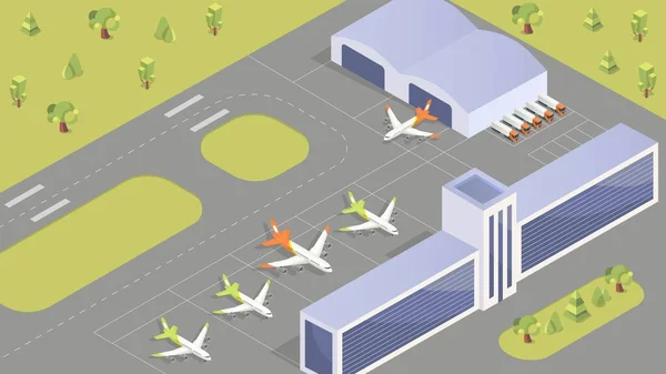 Vue Aéroport Avions Sur Piste Transport Pour Les Vols Les — Image vectorielle