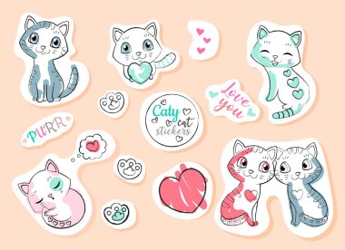 Şirin kedi çıkartmaları seti. Sevimli ve çekici kedi yavruları koleksiyonu. Aşk, şefkat ve romantizm.