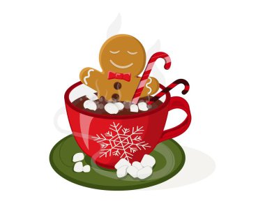 Kurabiyeli şenlik bardağı. Sıcak içeceğe, kahveye ya da çaya zencefilli ekmek karıştırılmış kırmızı kupa. Noel ve yeni yılın sembolü. Beyaz arkaplanda izole edilmiş çizgi film düz vektör çizimleri