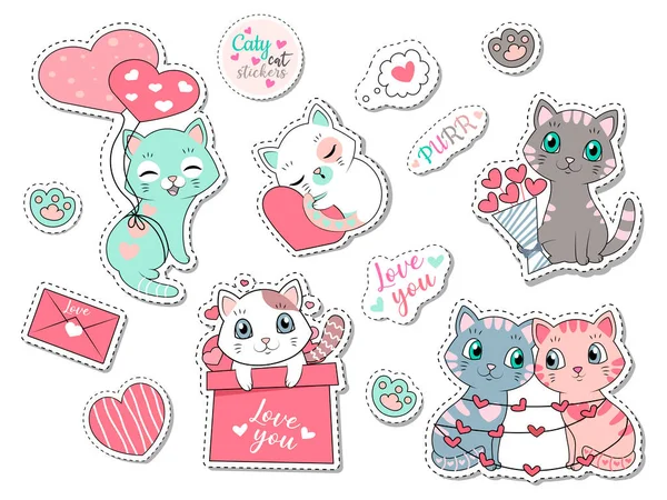 발렌타인 세트에 고양이 스티커 사랑과 로맨스 인사말을 디자인 봉투와 심장을 — 스톡 벡터