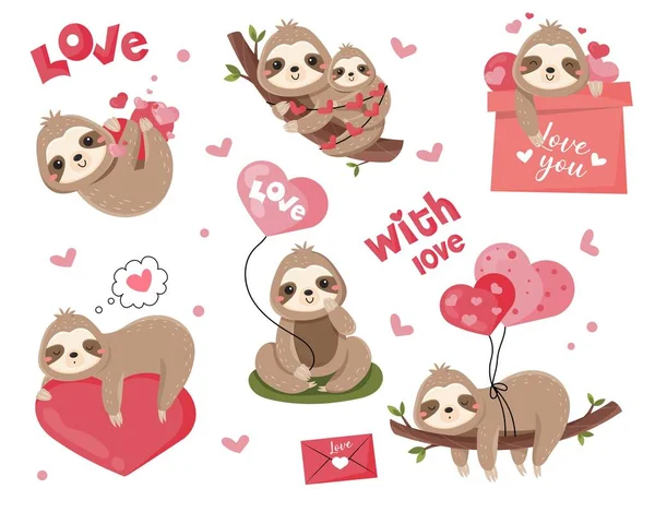 Cute Sloths Valentines Day Set Collection Stickers Social Networks Animals — Stock Vector