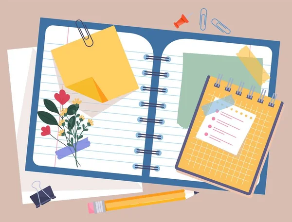紙のコンセプト 花と鉛筆のノートブック ノートパッドと個人的な日記 プランニングとゴール設定 リスト作成 — ストックベクタ