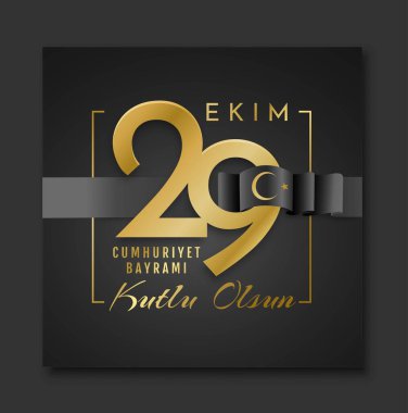 Cumhuriyet Bayrami siyahı. Şatafatlı poster ya da web sitesi afişi, kurdeleli altın metin. Şablon, yerleşim ve modelleme. Bağımsızlık ve devlet, hak ve özgürlük. Çizgi film düz vektör çizimi