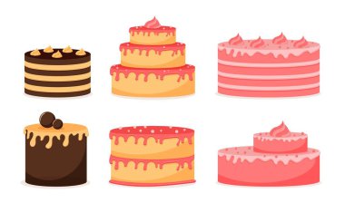 Pasta seti. Web sitesi için grafik elementlerin toplanması. Bayram ve festivalin sembolü. Tatlı ve lezzet, tatlılık ve gurme. Beyaz arkaplanda izole edilmiş çizgi film düz vektör çizimleri