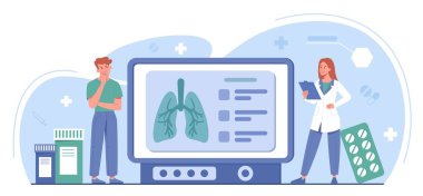 Doktor atama konsepti. Ciğerlerinin röntgeninin önünde duran kadın ve erkek. Profesyoneller ve uzmanlar bilimsel araştırmalar yaparlar. Web sitesi afişi ya da afişi. Çizgi film düz vektör çizimi