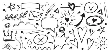 Çizgi hazır. Sosyal ağlar ve kuryeler için çıkartma koleksiyonu. Çizimler, minimalist yaratıcılık ve sanat. Ok ve kupa. Beyaz arkaplanda izole edilmiş çizgi film düz vektör çizimleri