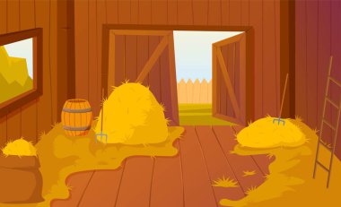 Tahta saman yığını. Web sitesi afişi ya da afişi. Kırsal ve çiftçilik, hasat. Sarı dikenler, botanik. Hayvan konsepti için doğal ve organik gıda. Çizgi film düz vektör çizimi