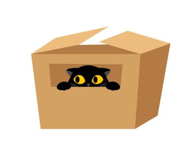 Kutulu kara kedi. Sevimli hayvan saklanır ve gözetler, oyuncu karakter. Sosyal ağlar ve kuryeler için etiket. Hayvanlara ve hayvanlara duyulan sevgi, ilgi ve destek. Çizgi film düz vektör çizimi