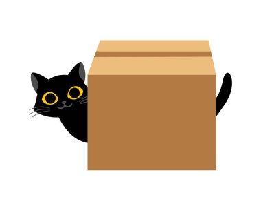 Kutulu kara kedi. Web sitesi afişi ya da afişi. Duygular ve jestler. Kumaş üzerine yazdırmak için grafiksel öge. Hayvanlara sevgi ve ilgi, metaforu desteklemek. Çizgi film düz vektör çizimi