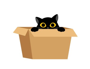 Kutulu kara kedi. Sosyal ağlar ve anlık kuryeler için etiket, büyüleyici bir karakter. Çocuklar için maskot ya da oyuncak. Saklambaç ve merak metaforu. Çizgi film düz vektör çizimi