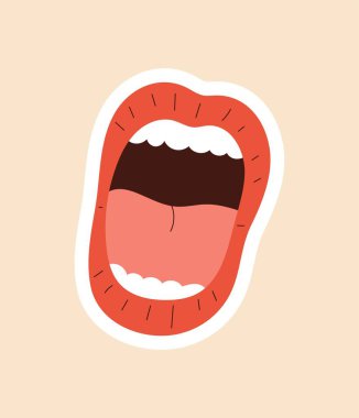 Dişi ağız ikonu. Kırmızı rujlu dudaklar, karakter çığlıkları, estetik ve zarafet, moda ve tarz. Web sitesi afişi ya da afişi. Duygular ve yüz ifadeleri. Çizgi film düz vektör çizimi