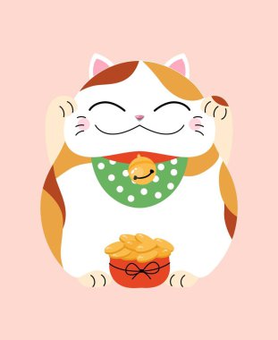 Maneki neko tarzı. Web sitesi afişi ya da afişi. Lüks ve zenginliğin sembolü. Tılsım, oyuncak ya da maskot. Ev ve oda için dekorasyon. Asya kültürü ve geleneği. Çizgi film düz vektör çizimi