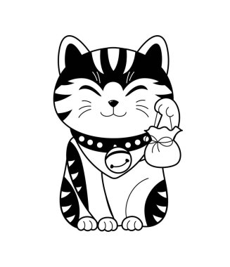 Maneki neko özeti. Web sitesi afişi ya da afişi. Pençesini sallayan sevimli kedi yavrusu. Asya kültürü ve gelenekleri. Lüks ve zenginliğin sembolü. Oda dekorasyonu. Çizgi film düz vektör çizimi